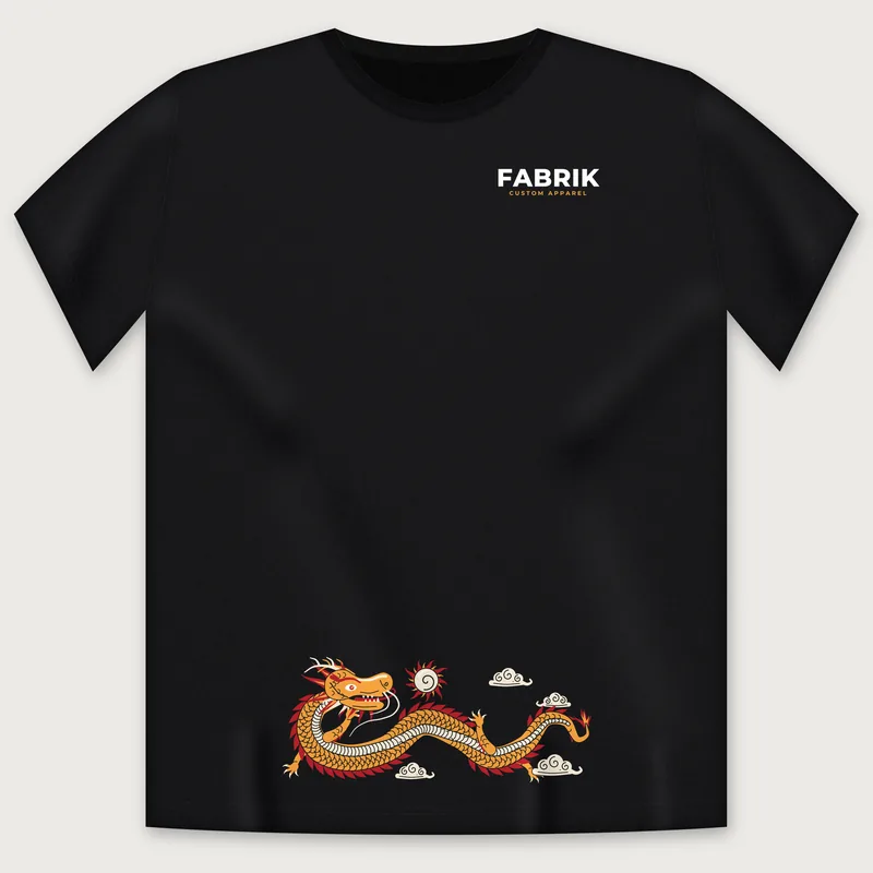 Black T-shirt, front view, with a small FABRIK logo on the left chest and a dragon print near the hem