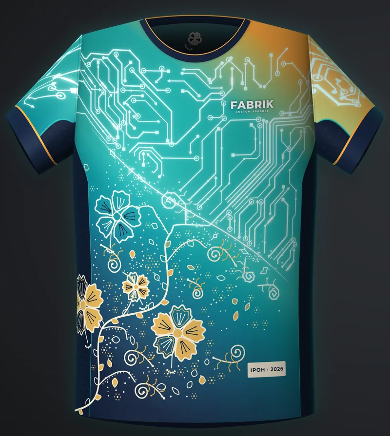 Teal and navy full-print jersey, front view, with a circuit-and-batik pattern and a small FABRIK logo on the chest