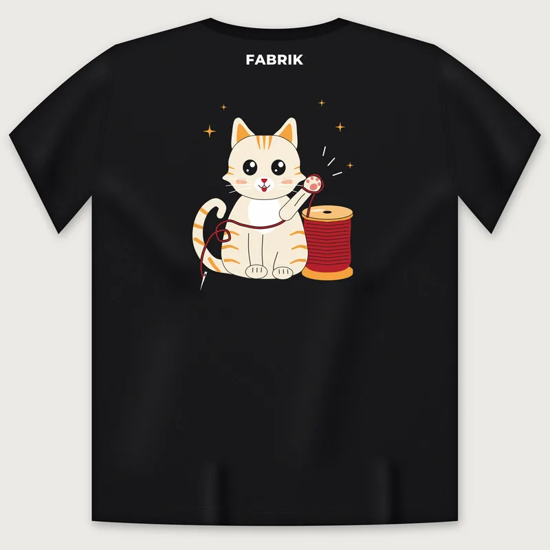 Black T-shirt, back view, with a small FABRIK logo at the back neck and a cat-with-a-thread-spool print on the back
